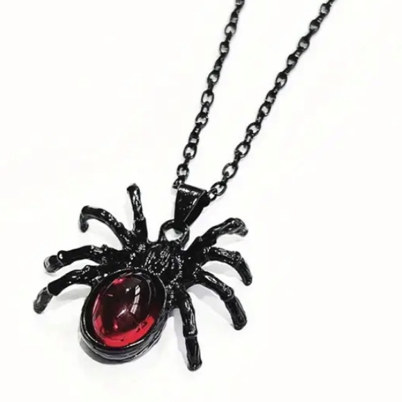 Hot Topic Jewelry - Black and Red Spider Pendant Necklace on 20” black chain Goth Halloween NEW NWT